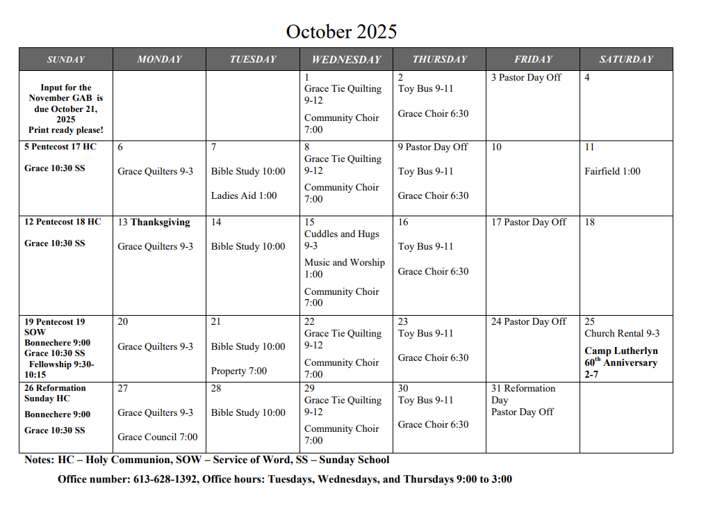 October Calendar