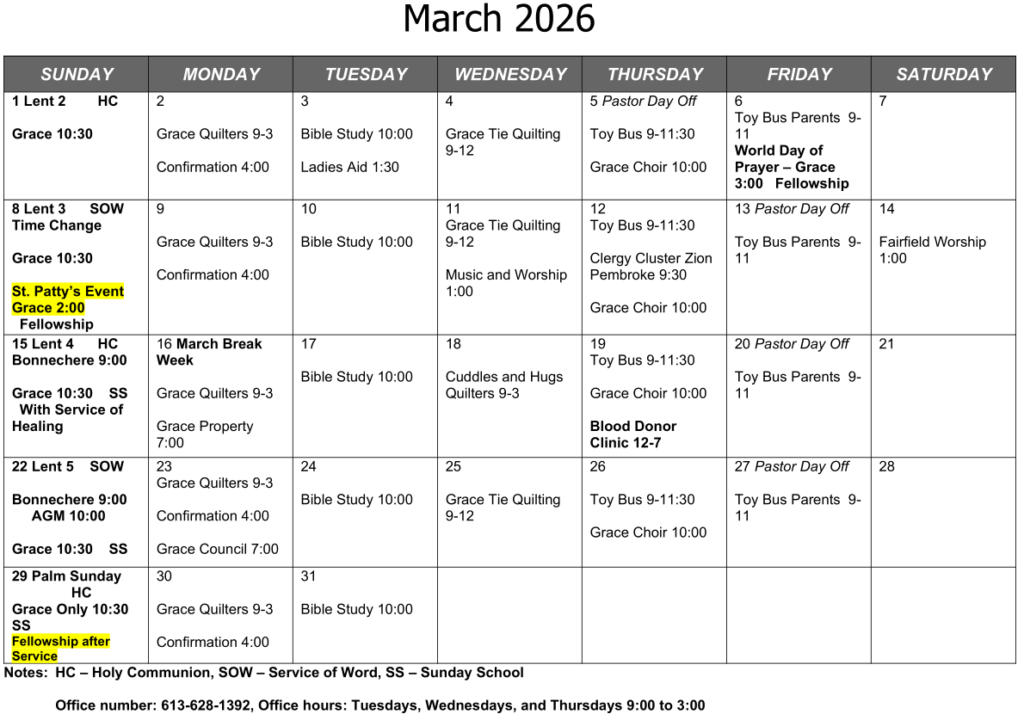 Parish Calendar March 2026