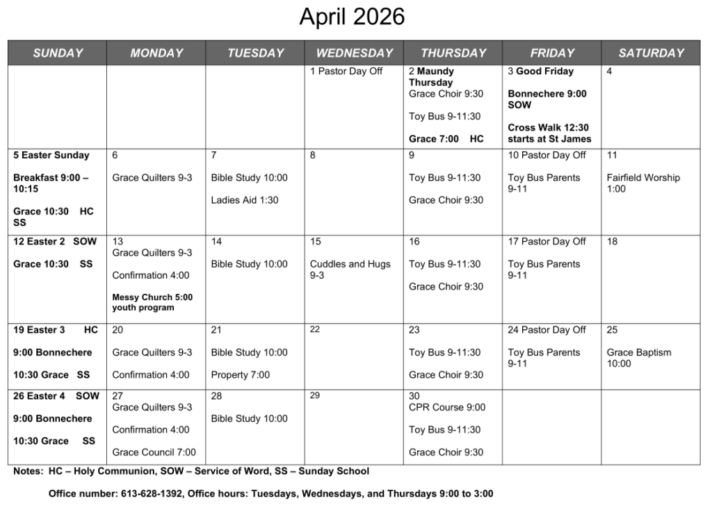 Parish Calendar April 2026