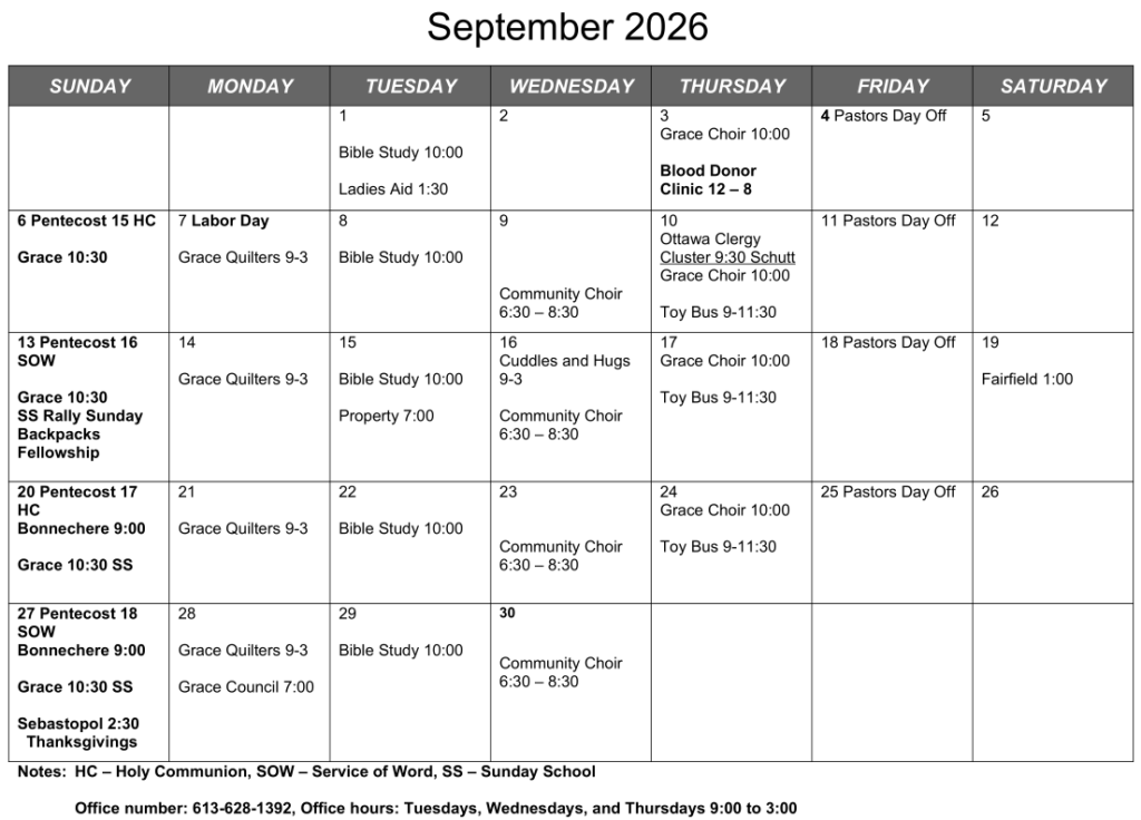 Parish Calendar September 2026